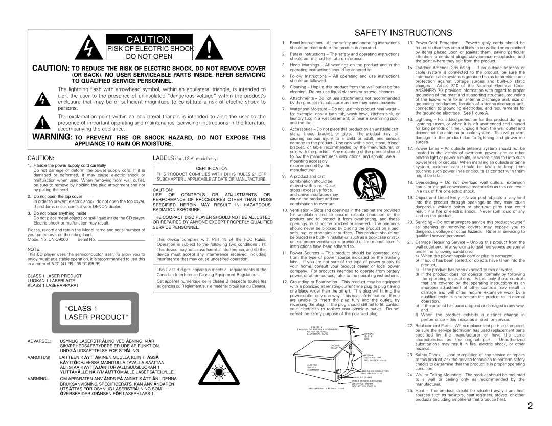 Denon DN-D9000 operating instructions Safety Instructions, Risk of Electric Shock Do not Open 