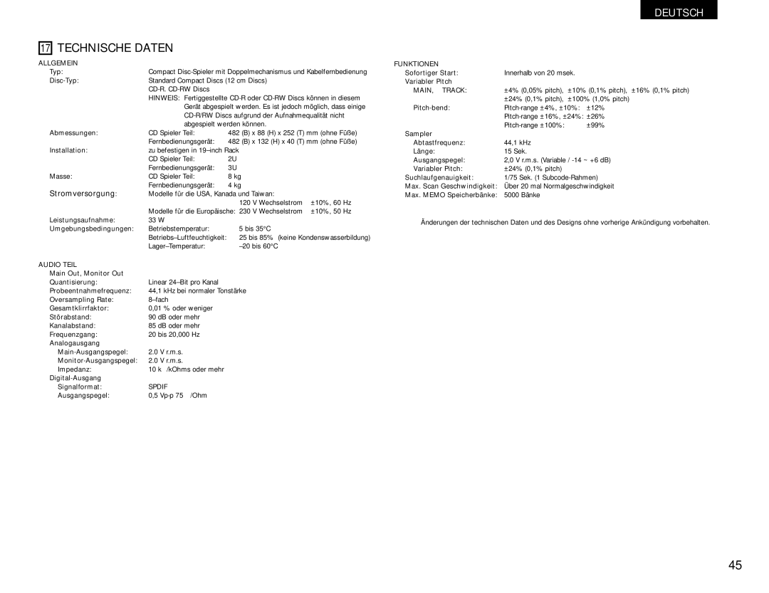 Denon DN-D9000 operating instructions Technische Daten, Allgemein, Audio Teil, Funktionen 