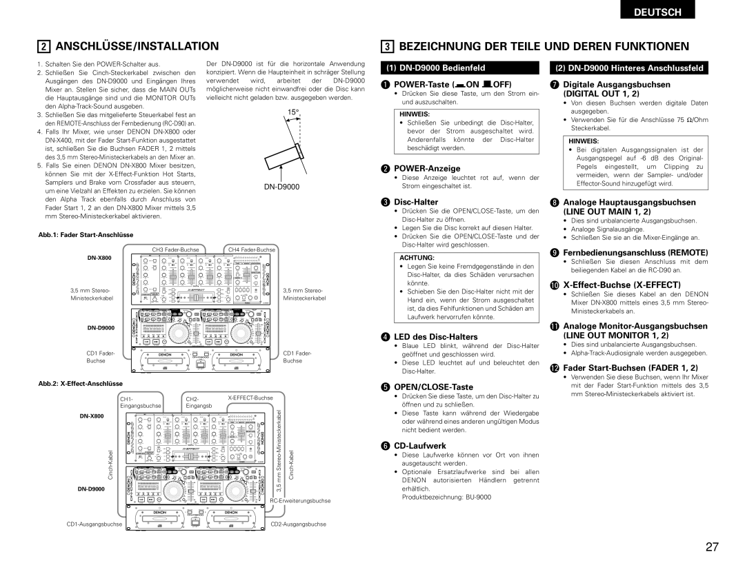 Denon operating instructions Anschlüsse/Installation, Bezeichnung DER Teile UND Deren Funktionen, DN-D9000 Bedienfeld 