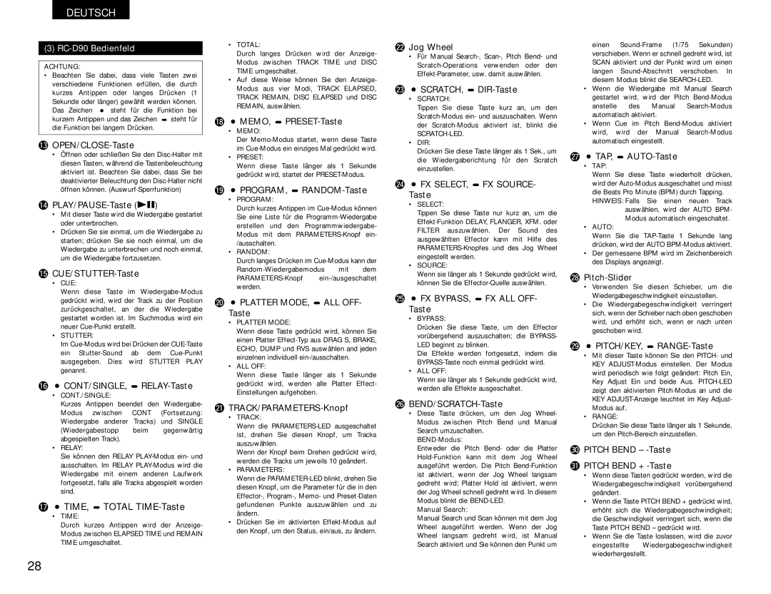 Denon DN-D9000 operating instructions RC-D90 Bedienfeld 