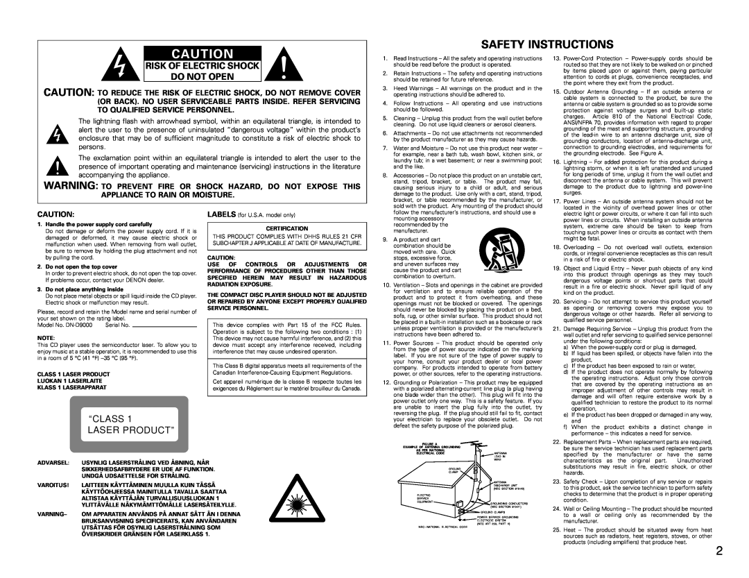 Denon DN-D9000 operating instructions Safety Instructions, Risk Of Electric Shock Do Not Open, Class, Laser Product 