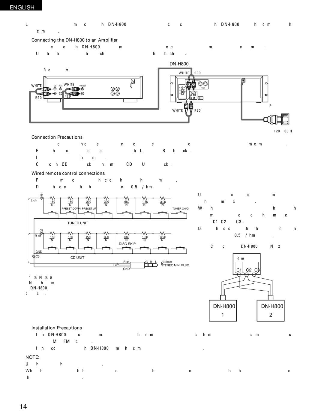 Denon Connecting the DN-H800 to an Amplifier, Connection Precautions, Wired remote control connections 