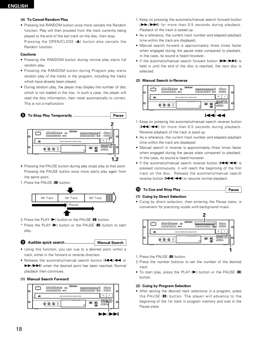 Denon DN-H800 To Cancel Random Play, To Stop Play Temporarily ………………………… Pause, Manual Search Forward 