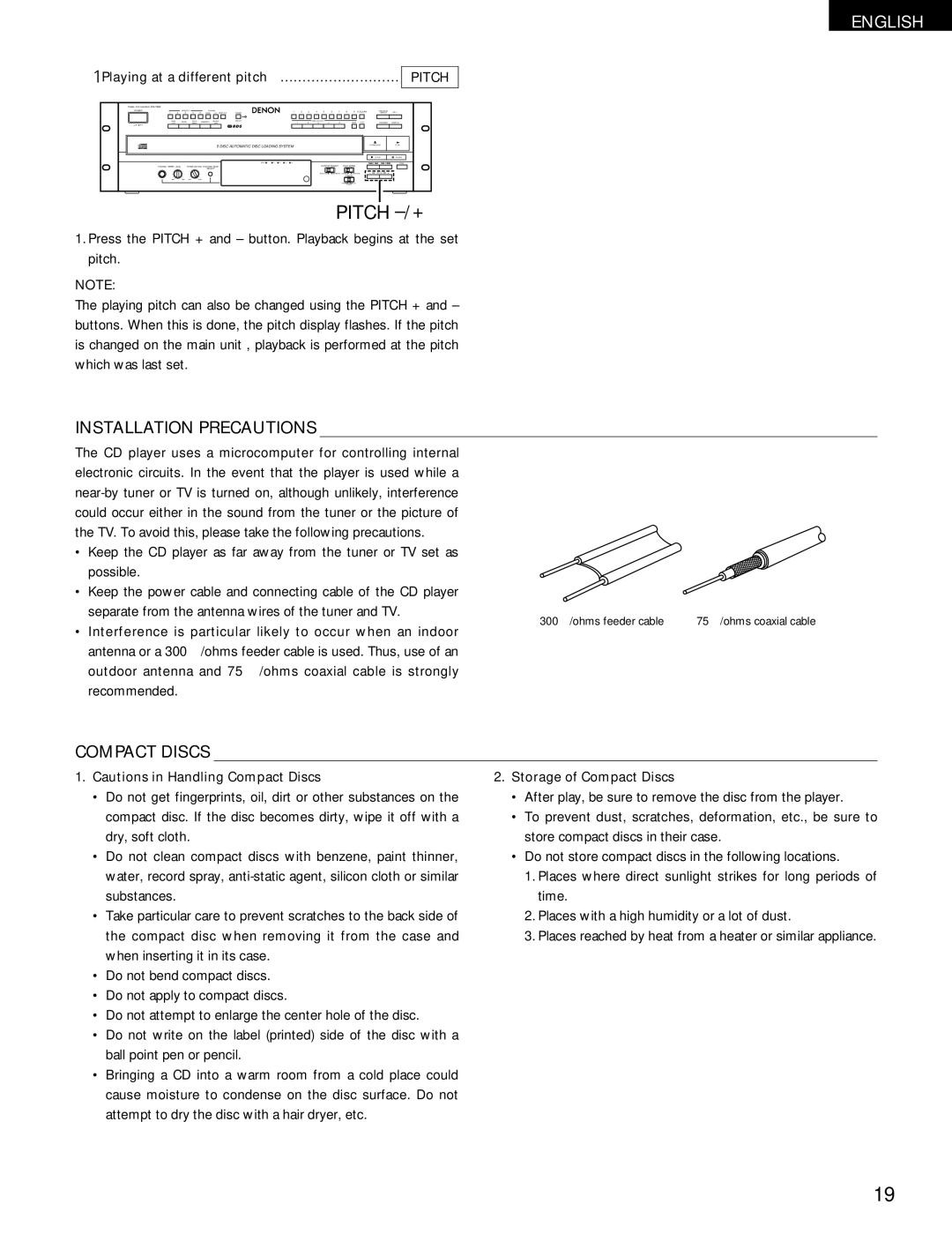 Denon DN-H800 Installation Precautions, Compact Discs, 1Playing at a different pitch ………………………, Pitch 