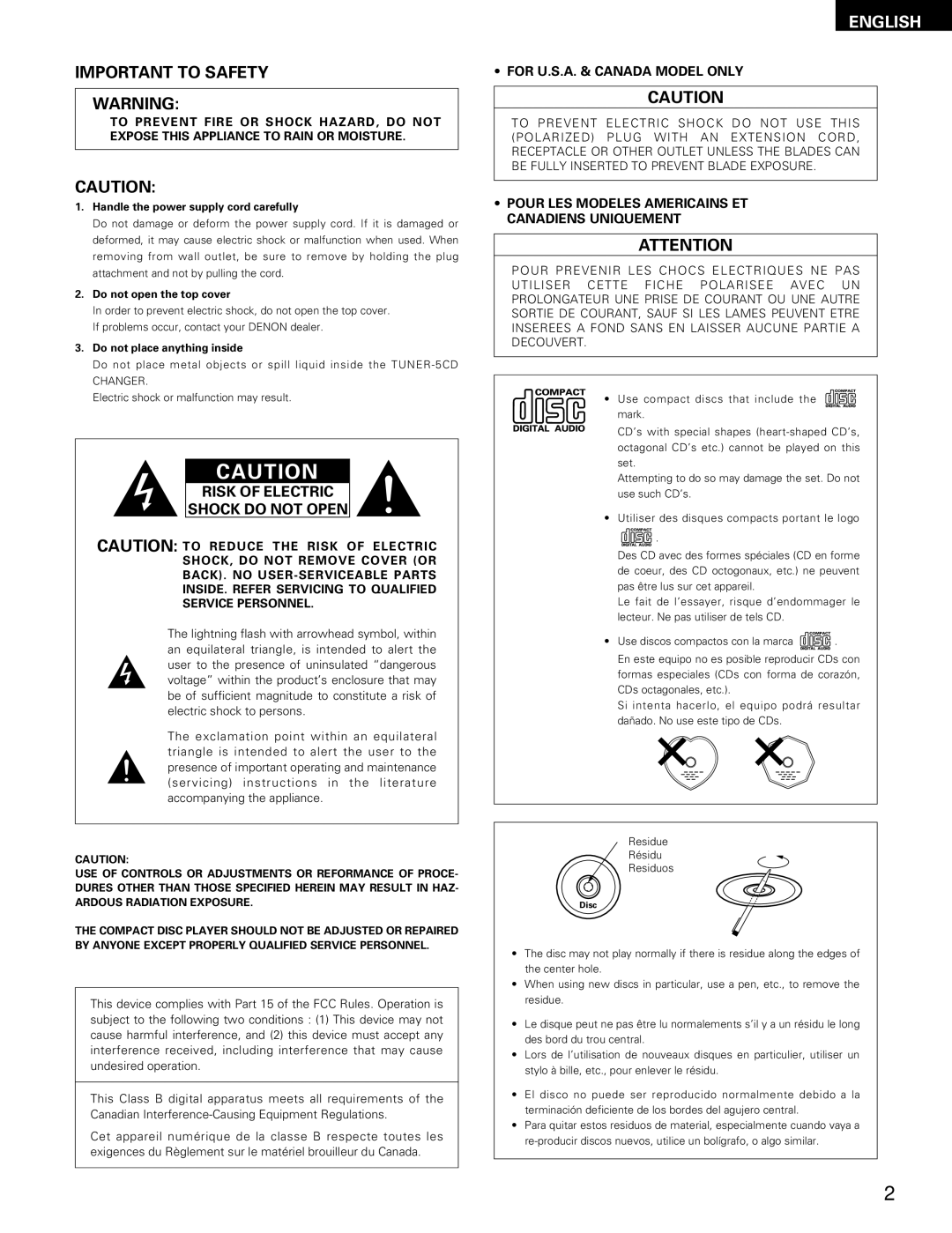 Denon DN-H800 Important to Safety, For U.S.A. & Canada Model only, Pour LES Modeles Americains ET Canadiens Uniquement 