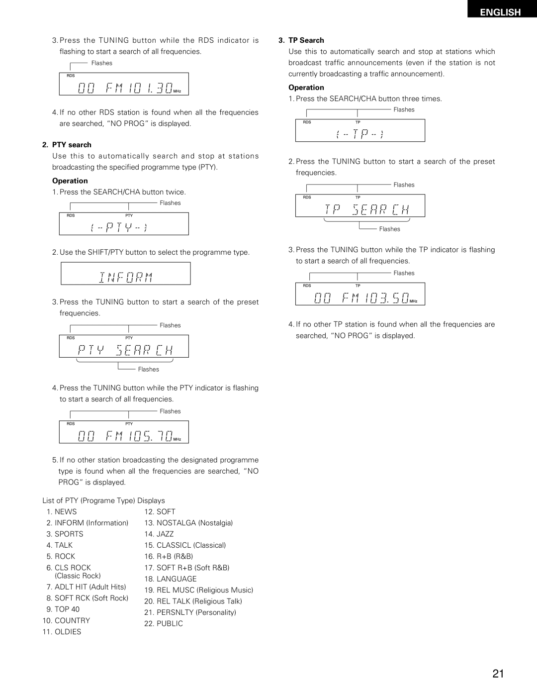 Denon DN-H800 operating instructions PTY search, TP Search 