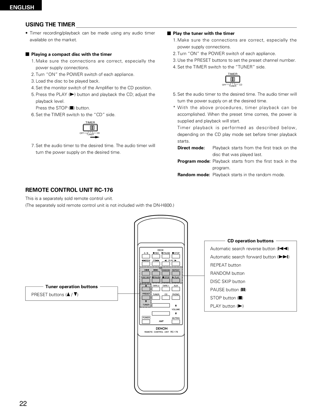 Denon DN-H800 operating instructions Using the Timer, Remote Control Unit RC-176 