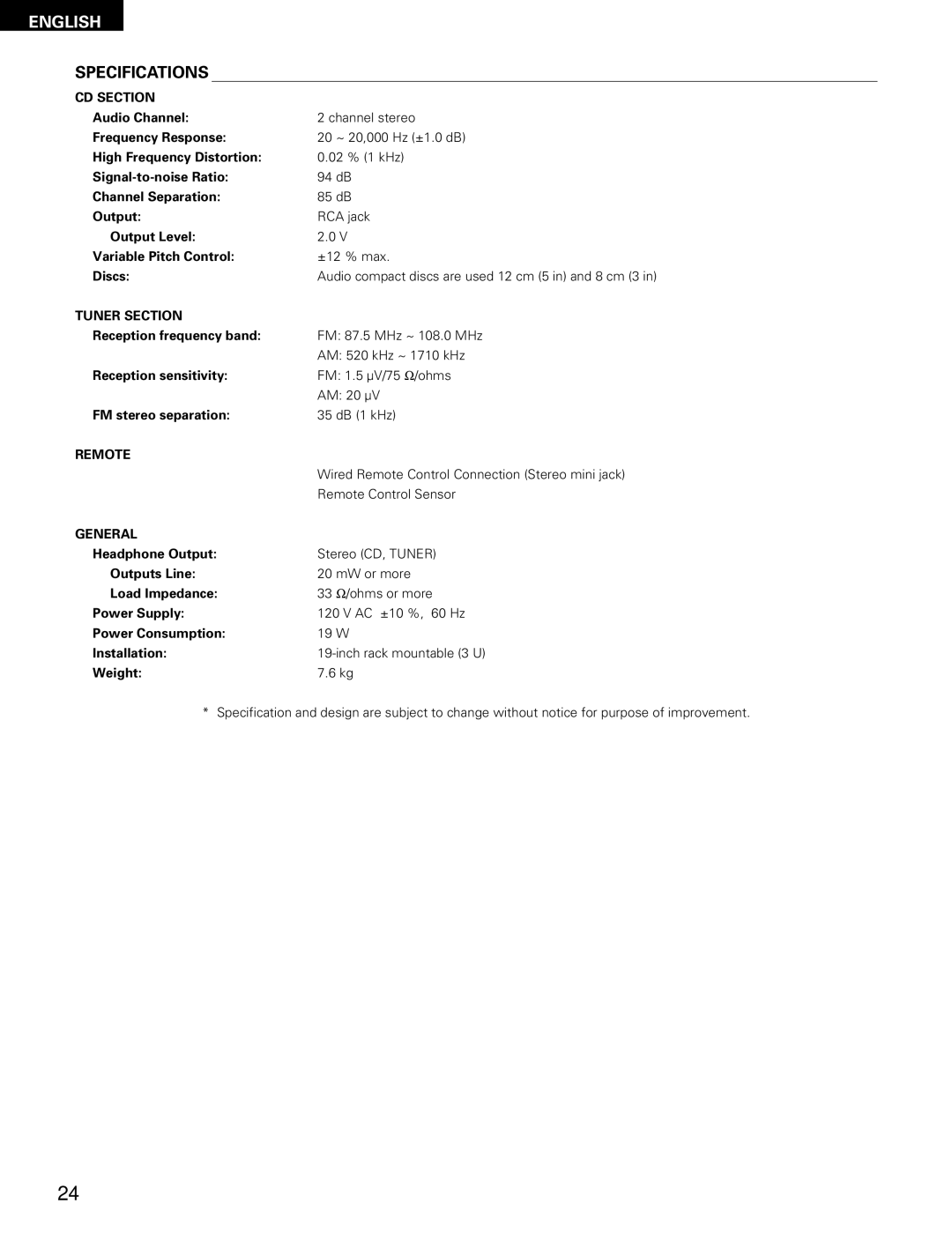 Denon DN-H800 operating instructions Specifications, CD Section, Tuner Section, Remote 