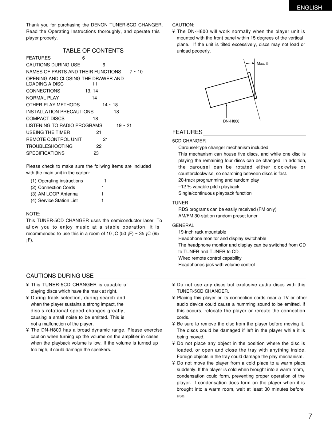 Denon DN-H800 operating instructions Table of Contents, Features 