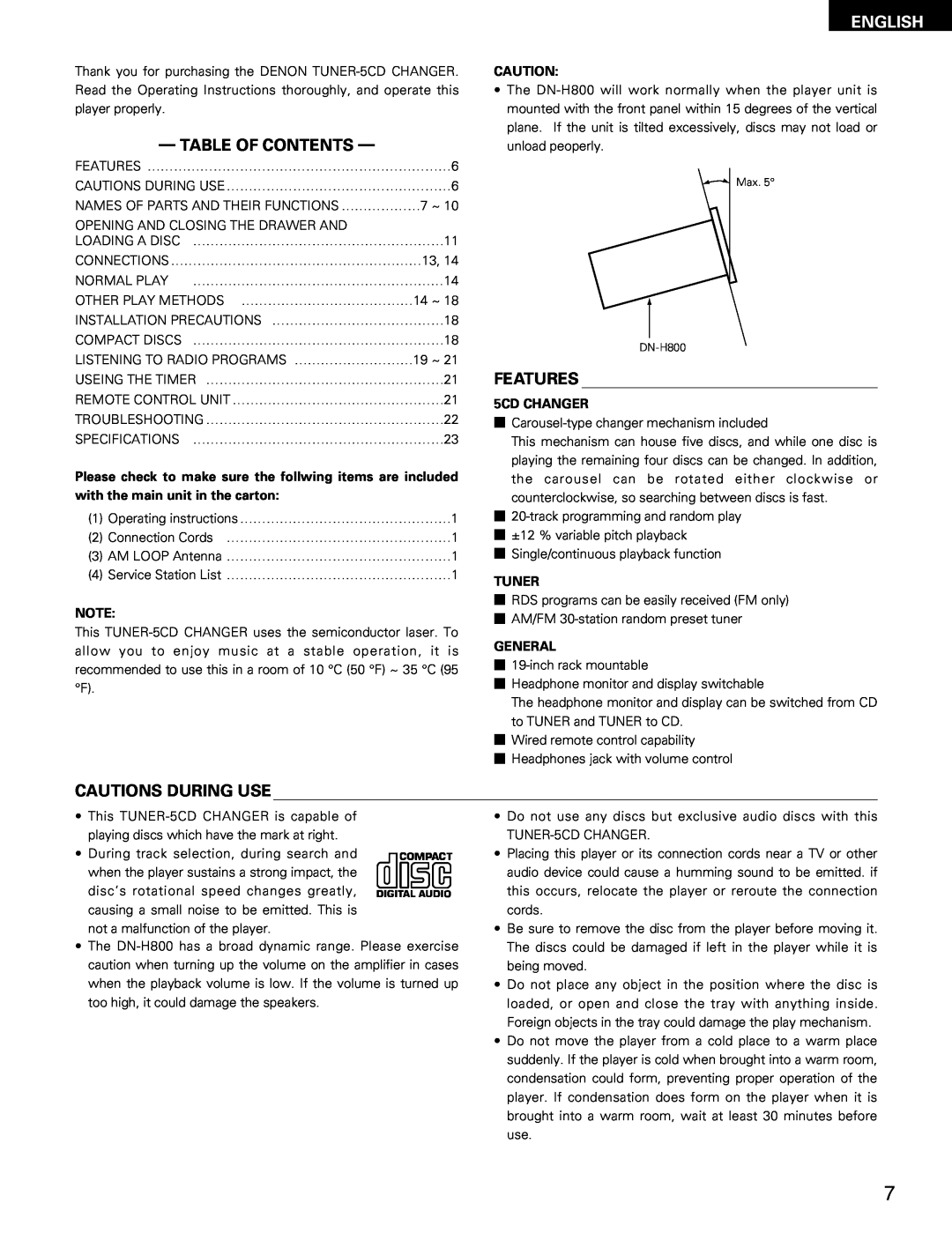 Denon DN-H800 operating instructions Table Of Contents, Features, Cautions During Use, English, 5CD CHANGER, Tuner, General 