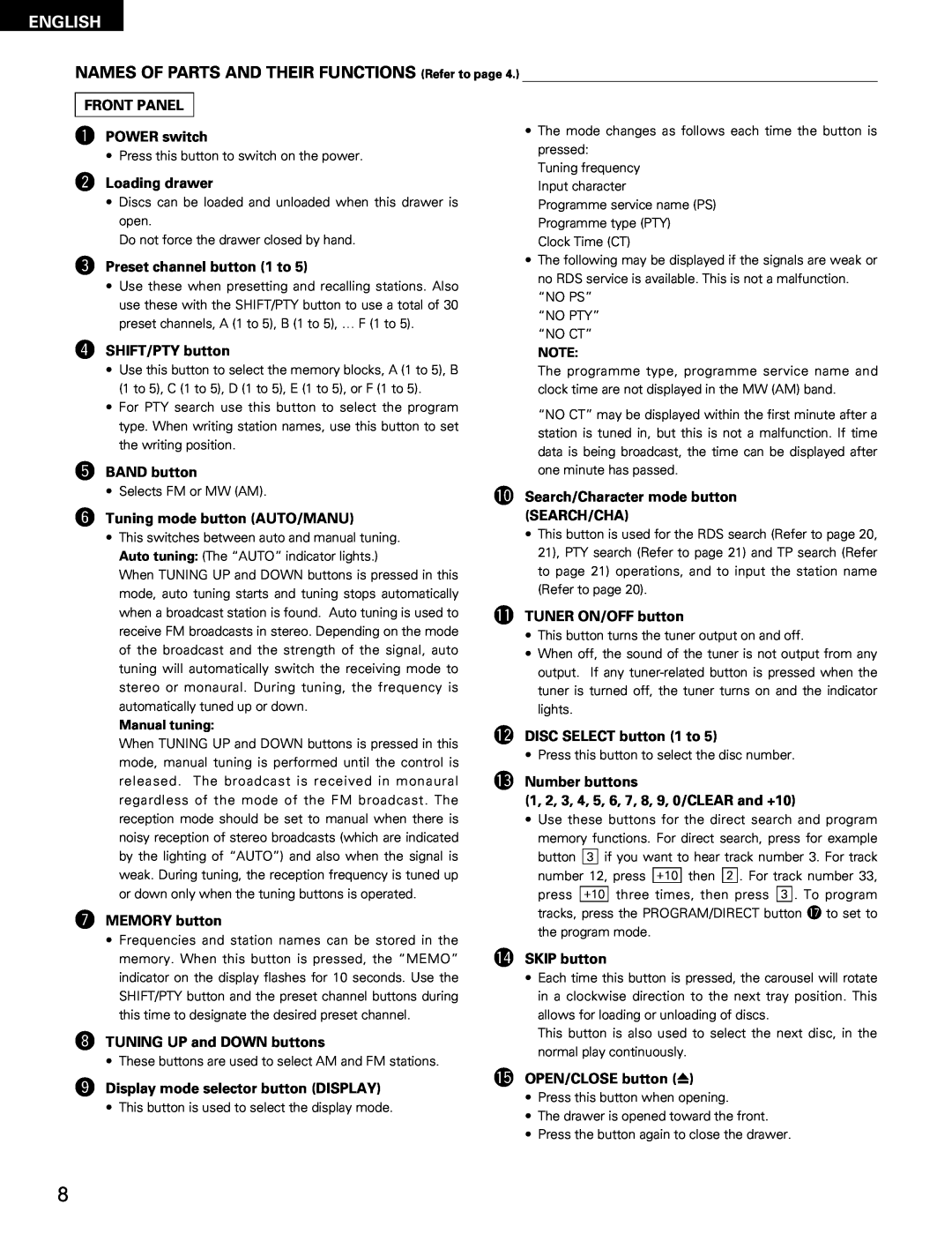 Denon DN-H800 operating instructions NAMES OF PARTS AND THEIR FUNCTIONS Refer to page, English 