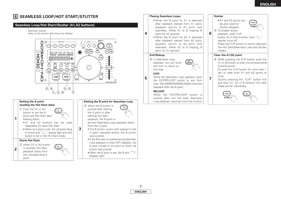 Denon DN-HC4500 manual Seamless LOOP/HOT START/STUTTER, Seamless Loop/Hot Start/Stutter A1,A2 buttons, Exit, Reloop 