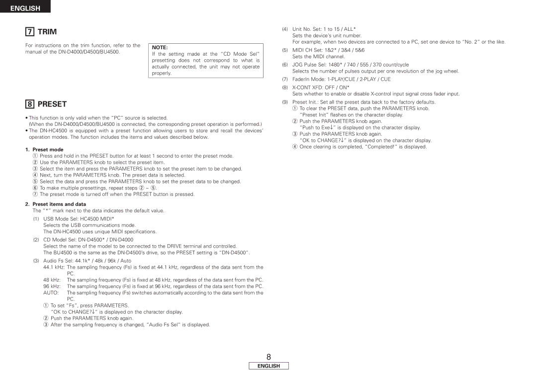 Denon DN-HC4500 manual Trim, Preset mode, Preset items and data 