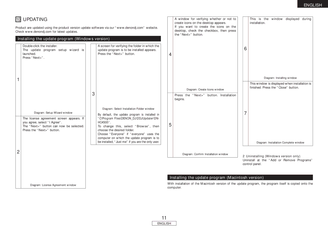 Denon DN-HC4500 Updating, Installing the update program Windows version, Installing the update program Macintosh version 