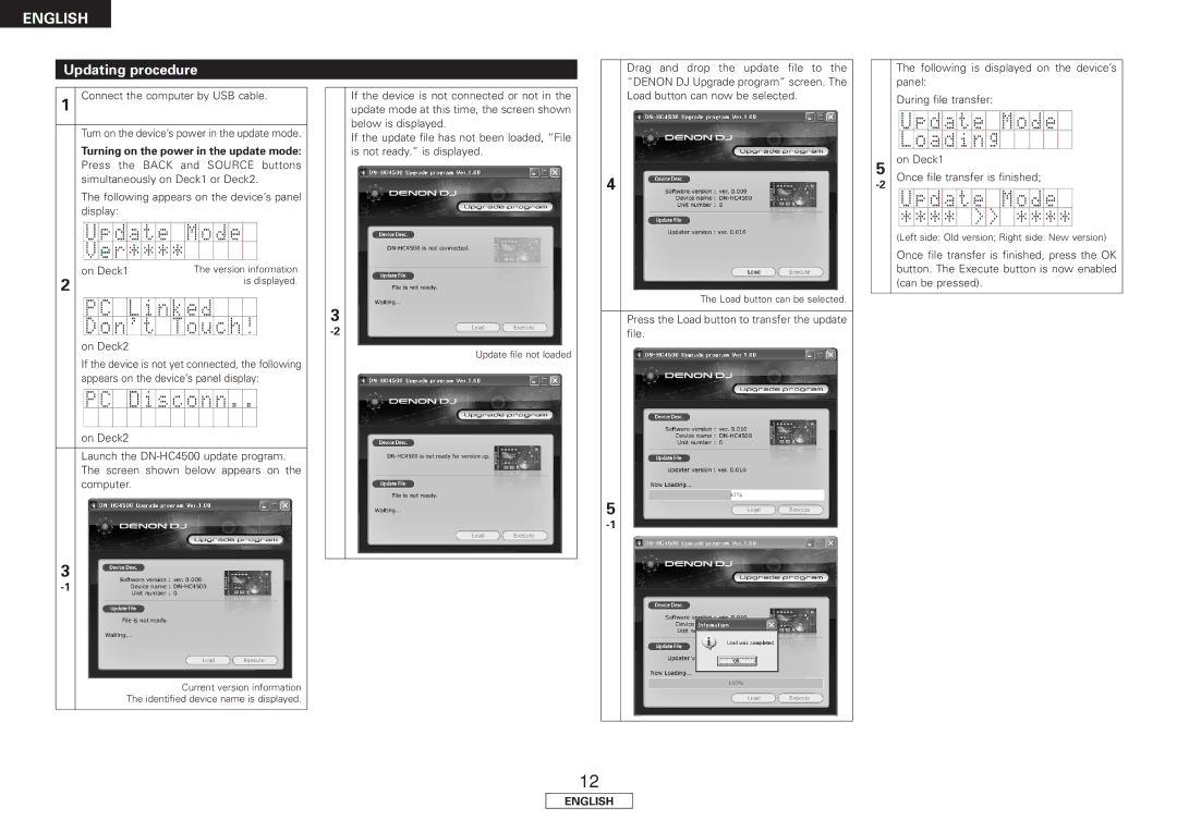 Denon DN-HC4500 manual Updating procedure, Turning on the power in the update mode, On Deck2 