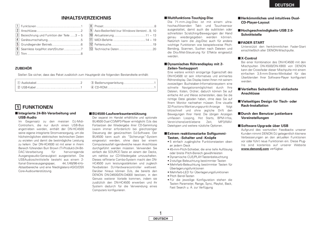 Denon DN-HC4500 manual Inhaltsverzeichnis, Funktionen 