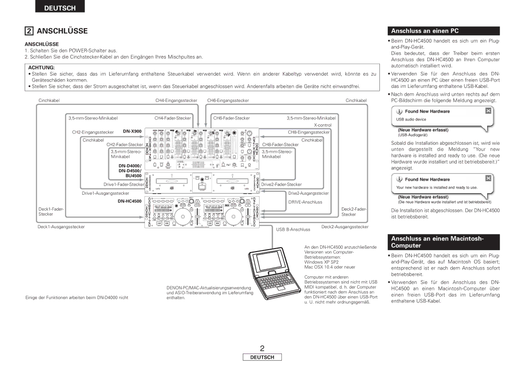 Denon DN-HC4500 manual Anschlüsse, Anschluss an einen PC, Anschluss an einen Macintosh- Computer, Achtung 