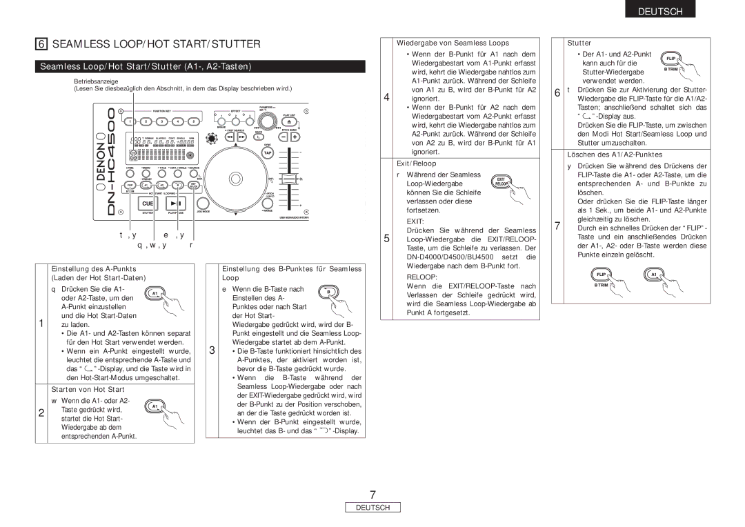 Denon DN-HC4500 manual Seamless Loop/Hot Start/Stutter A1-, A2-Tasten 