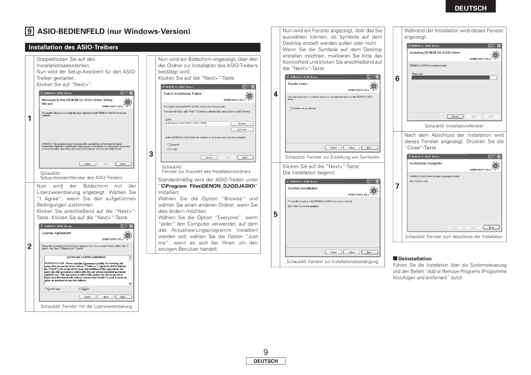 Denon DN-HC4500 manual Installation des ASIO-Treibers, Program Files\DENONDJ\DDJASIO\ installiert, Deinstallation 