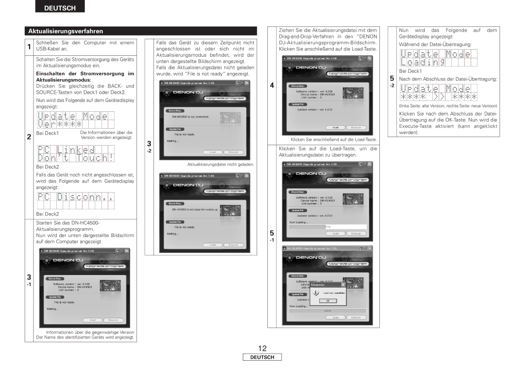 Denon DN-HC4500 manual Aktualisierungsverfahren, Einschalten der Stromversorgung im Aktualisierungsmodus 