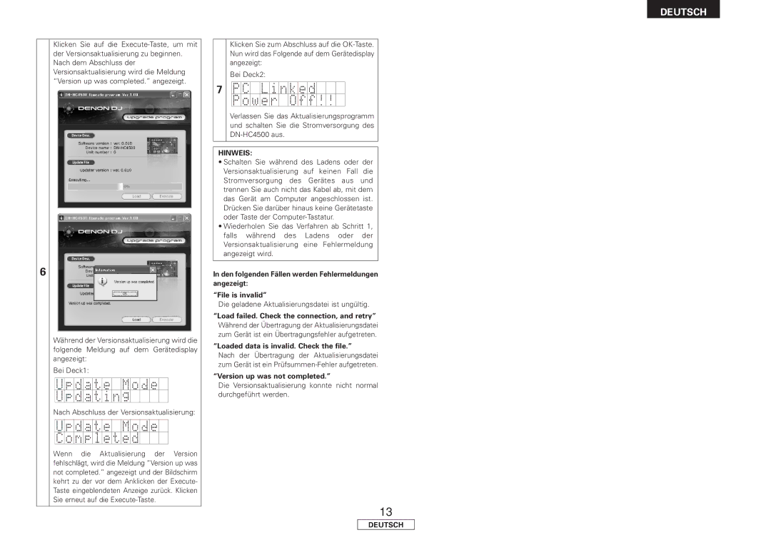 Denon DN-HC4500 manual Hinweis, Die geladene Aktualisierungsdatei ist ungültig 