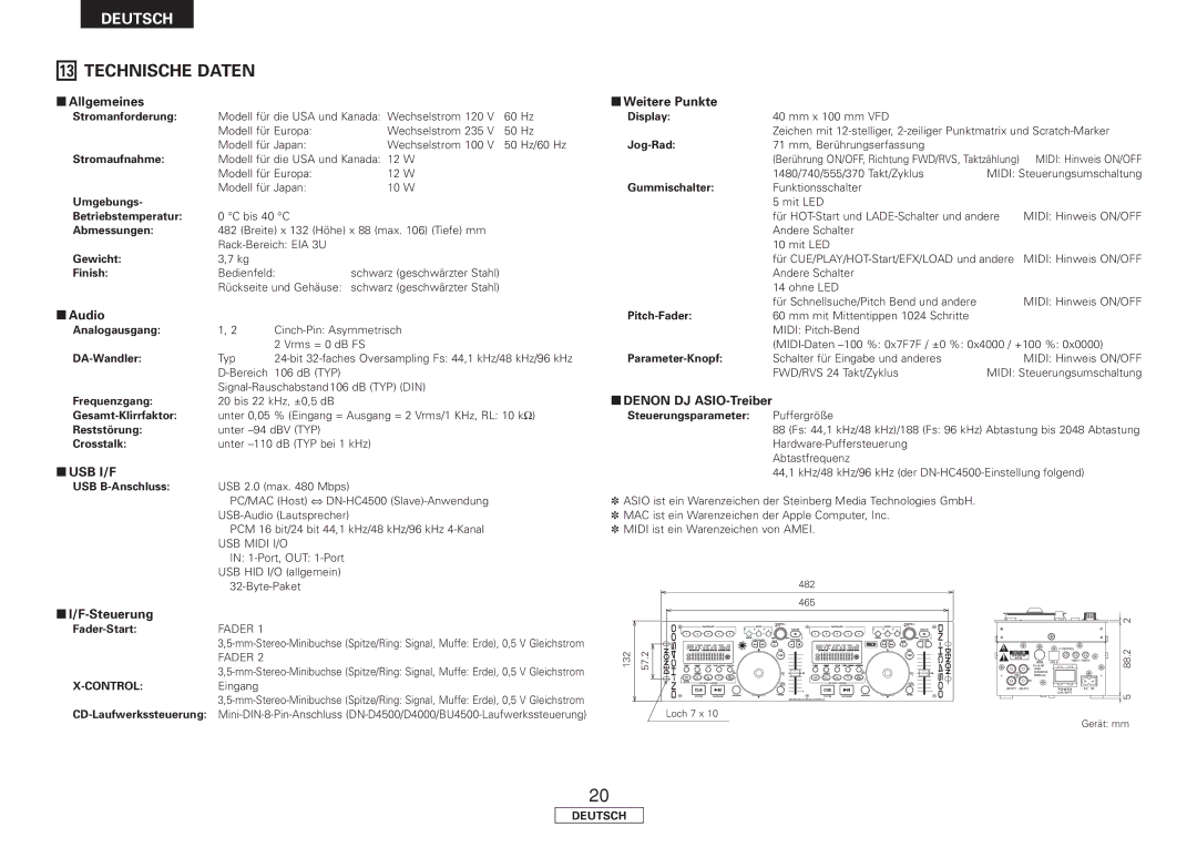 Denon DN-HC4500 manual Technische Daten, Allgemeines, F-Steuerung, Weitere Punkte, Denon DJ ASIO-Treiber 