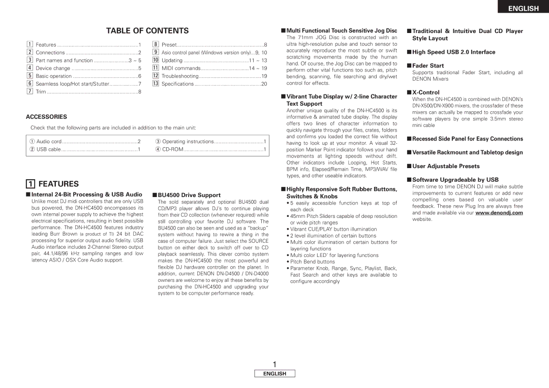 Denon DN-HC4500 manual Table of Contents, Features 