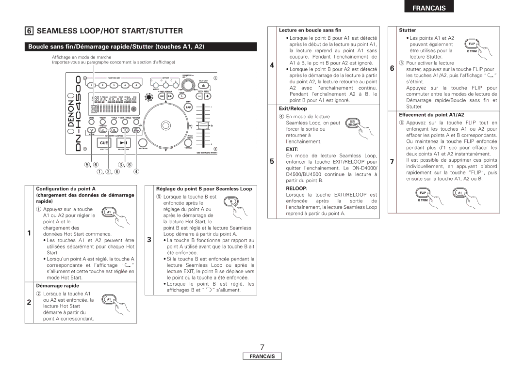 Denon DN-HC4500 manual Boucle sans fin/Démarrage rapide/Stutter touches A1, A2 