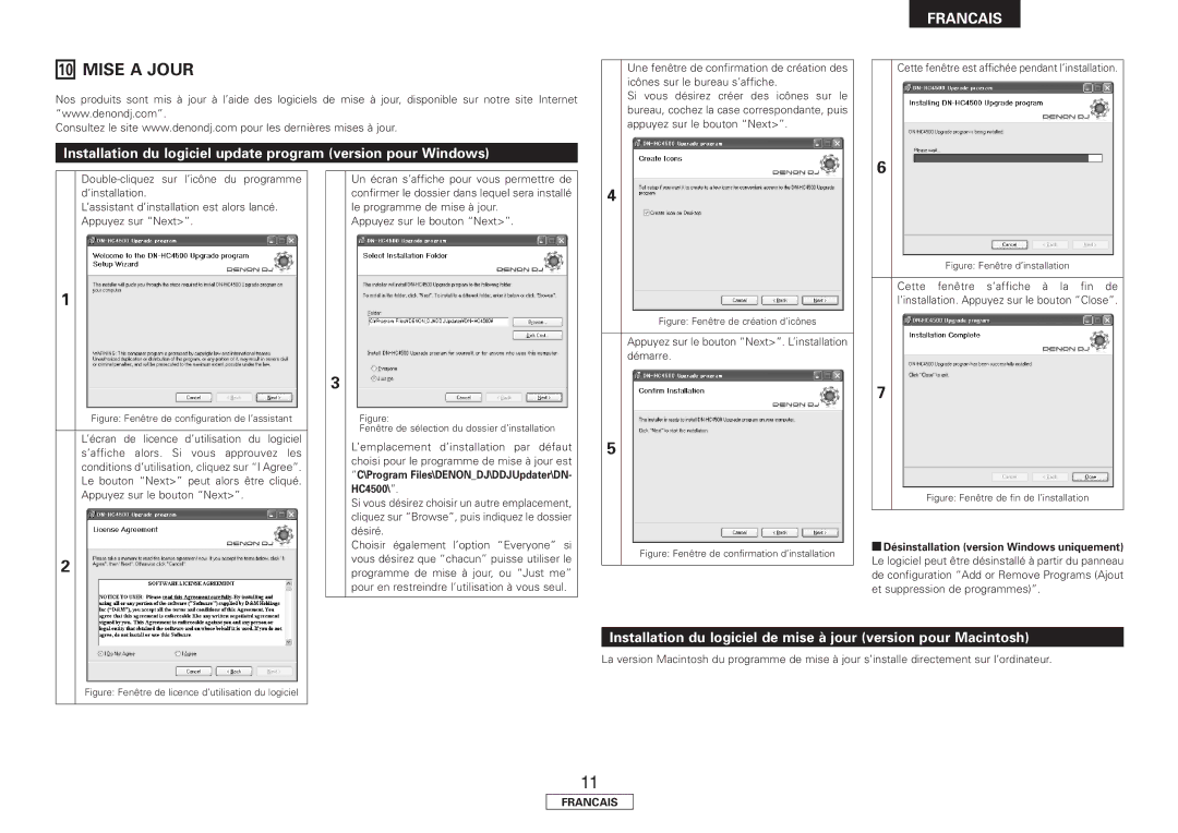 Denon DN-HC4500 manual Mise a Jour, Installation du logiciel update program version pour Windows 