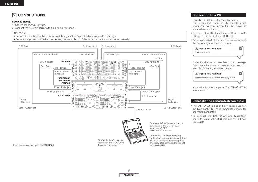 Denon DN-HC4500 manual Connections, Connection to a PC, Connection to a Macintosh computer, Coution 