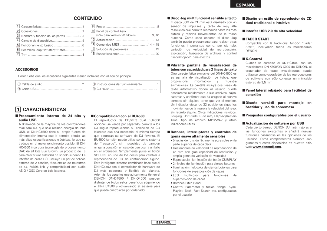 Denon DN-HC4500 manual Contenido, Características 