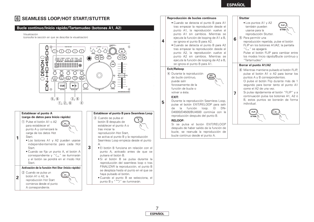 Denon DN-HC4500 manual Bucle continuo/Inicio rápido/Tartamudeo botones A1, A2, Carga de datos para Inicio rápido 