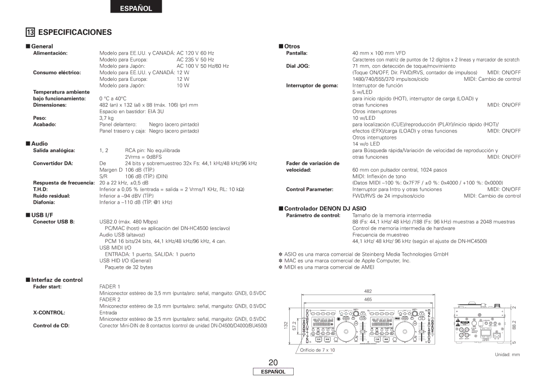 Denon DN-HC4500 manual Especificaciones, Interfaz de control Otros, Controlador Denon DJ Asio 