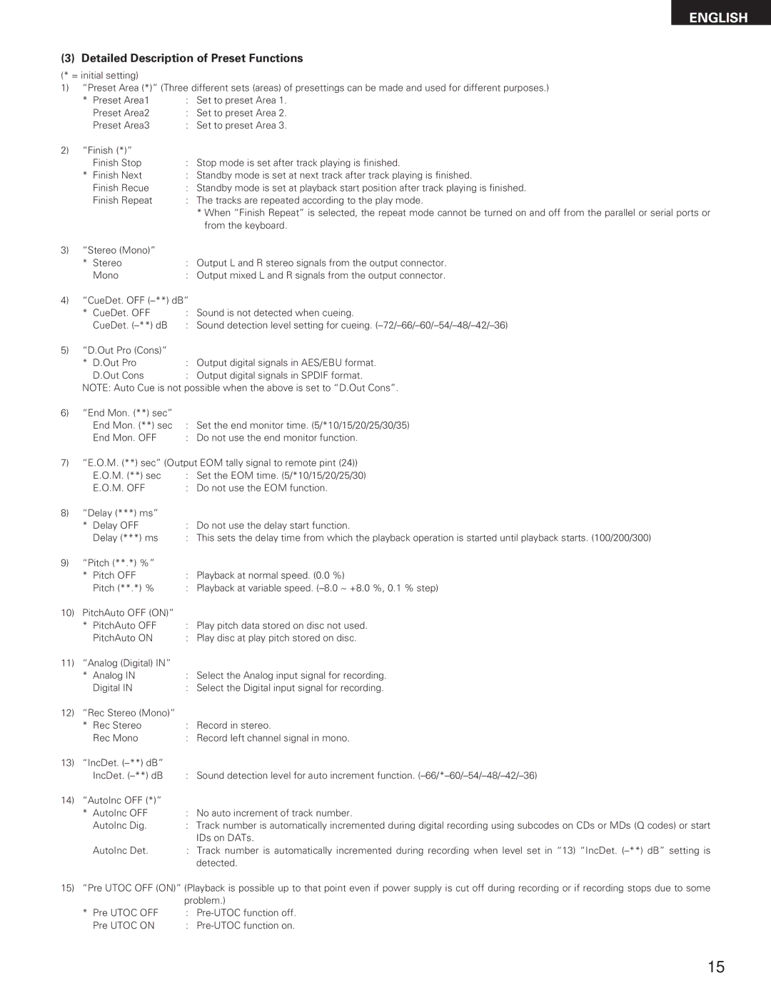 Denon DN-M991R operating instructions Detailed Description of Preset Functions, M. Off 