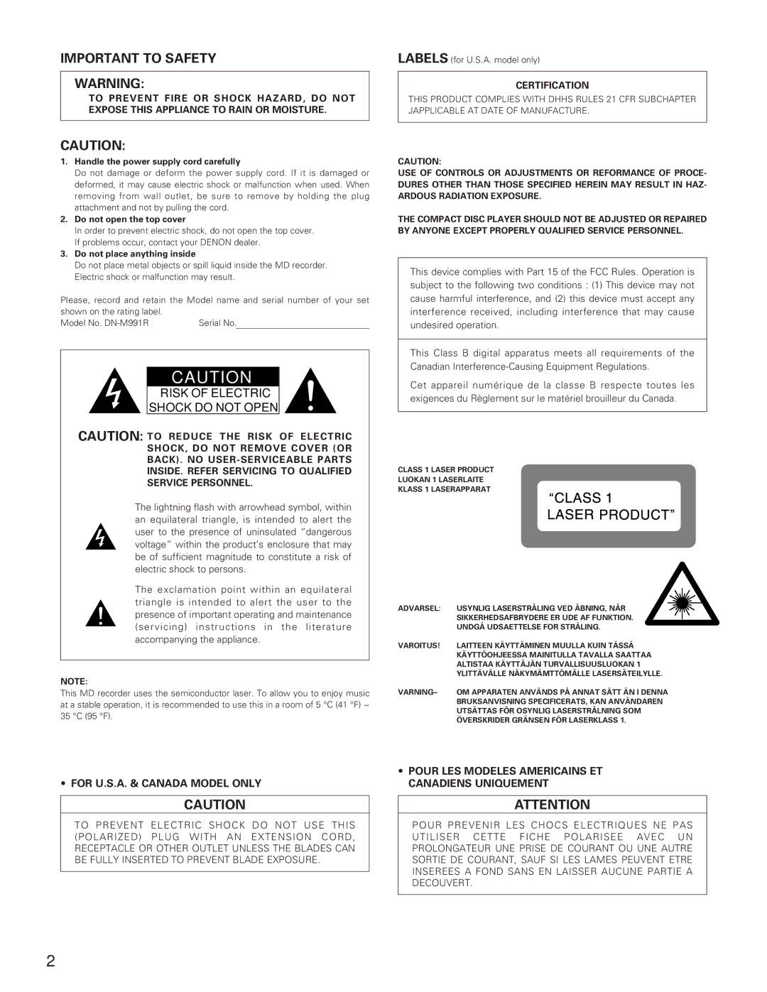 Denon DN-M991R operating instructions Important to Safety 