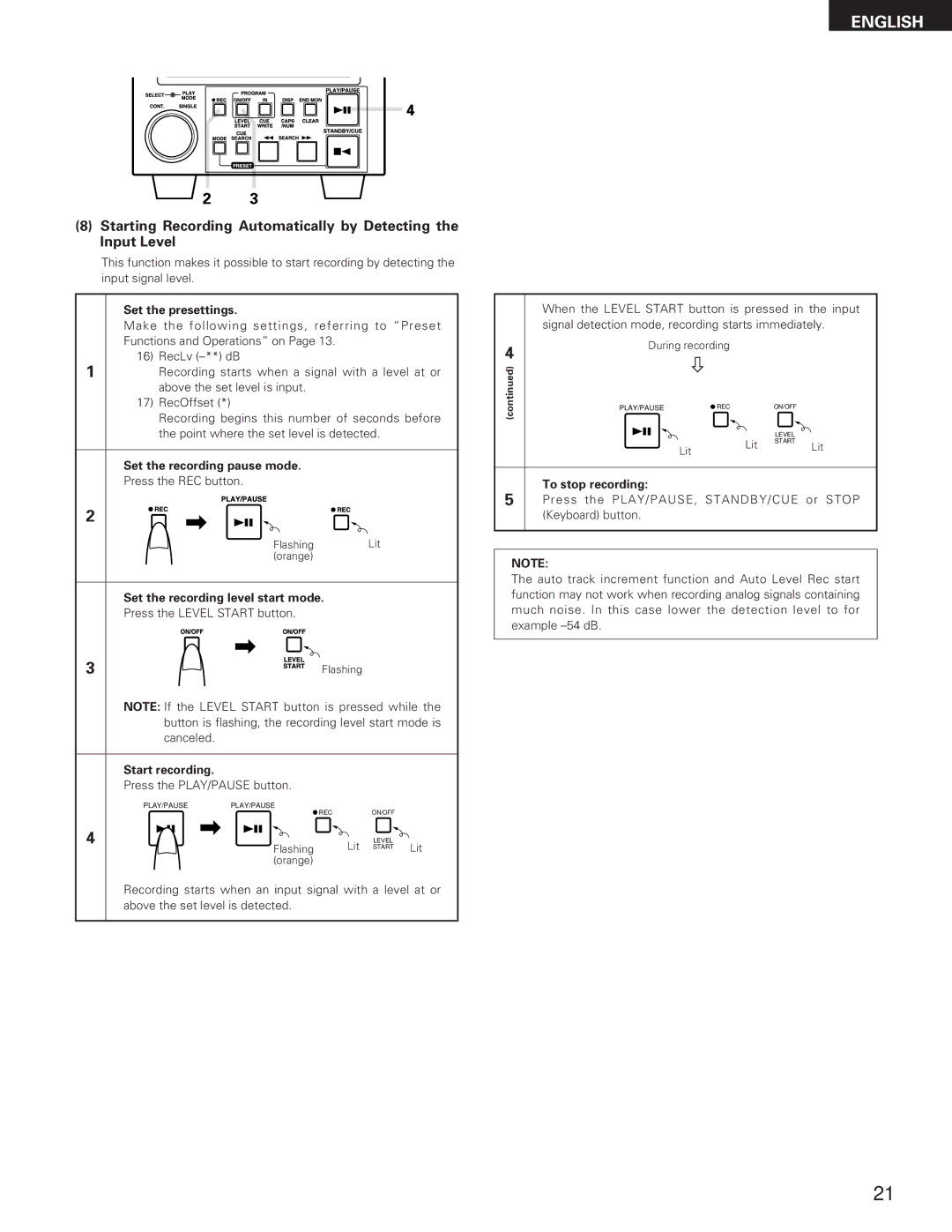 Denon DN-M991R Set the presettings, Set the recording pause mode, Set the recording level start mode, To stop recording 