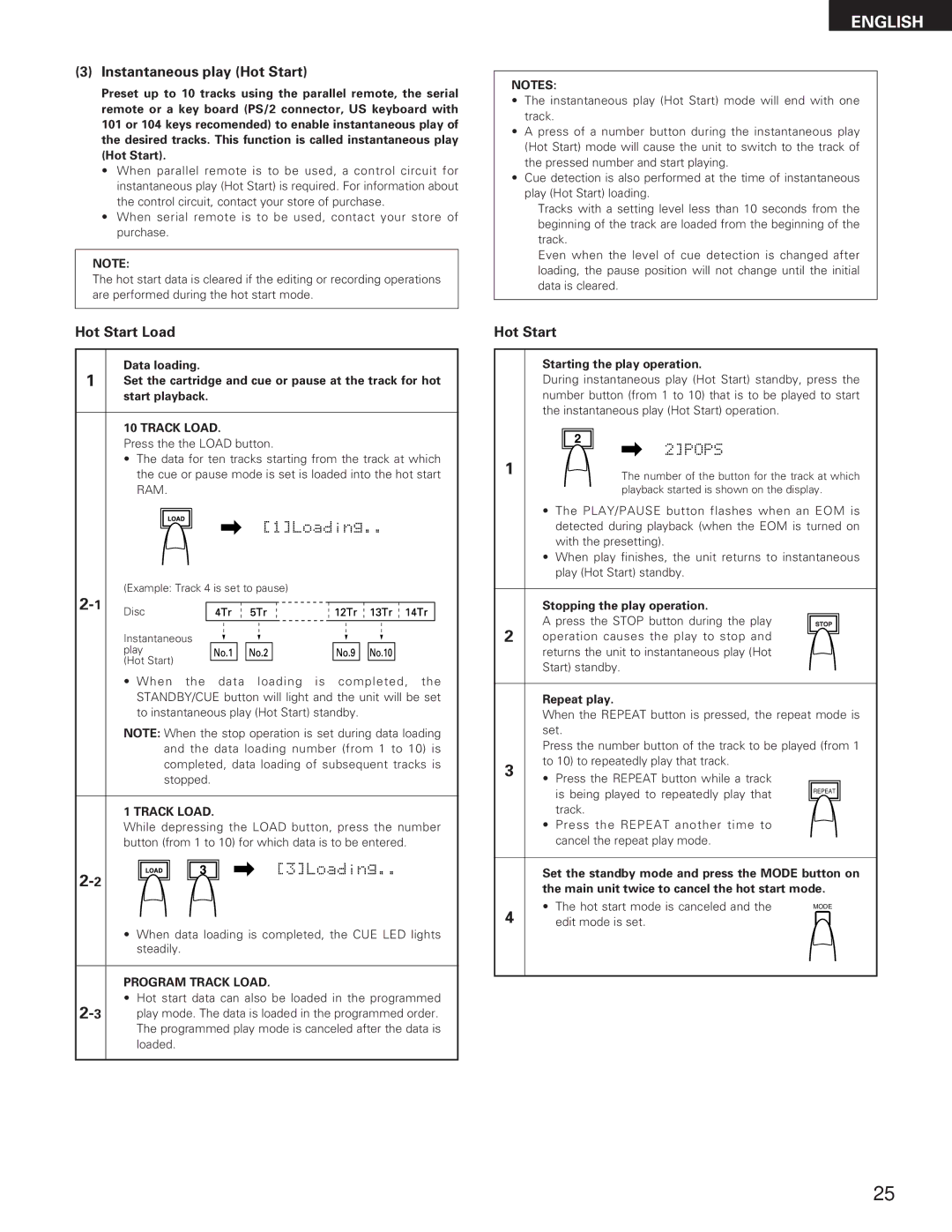 Denon DN-M991R operating instructions Instantaneous play Hot Start, Hot Start Load 