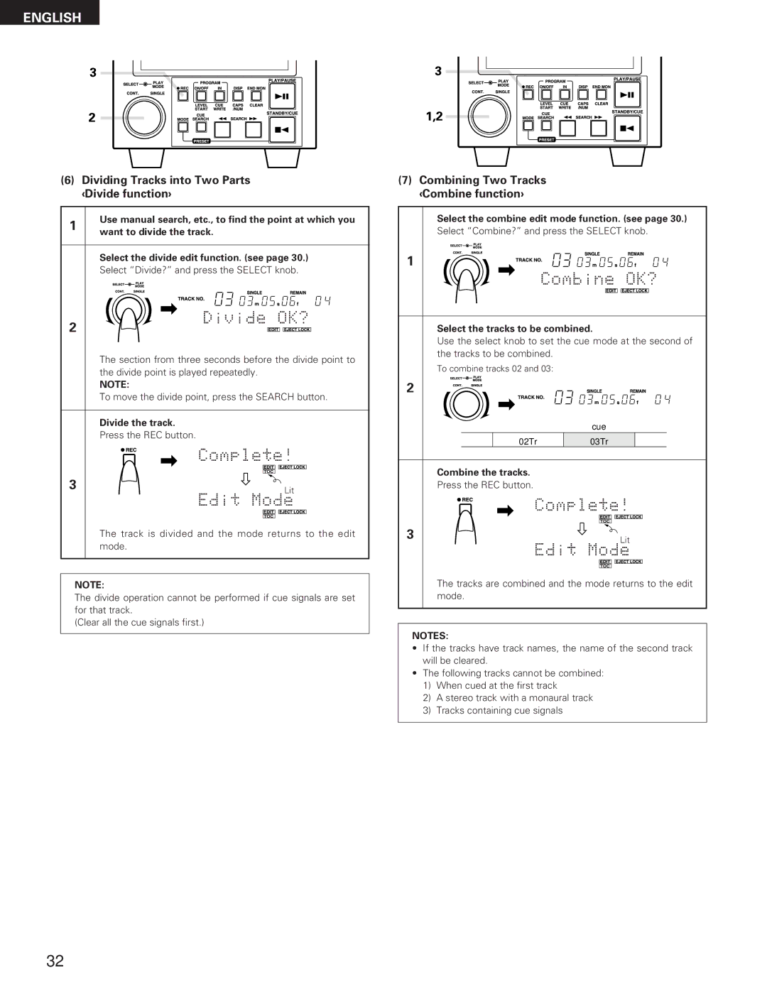 Denon DN-M991R Dividing Tracks into Two Parts ‹Divide function›, Combining Two Tracks ‹Combine function› 