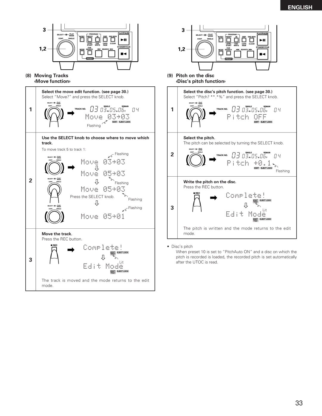 Denon DN-M991R operating instructions Moving Tracks ‹Move function›, Pitch on the disc ‹Disc’s pitch function› 