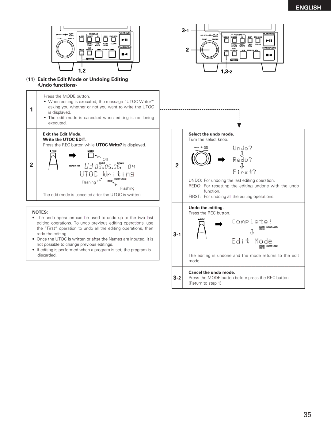 Denon DN-M991R Exit the Edit Mode or Undoing Editing ‹Undo functions›, Exit the Edit Mode Write the Utoc Edit 