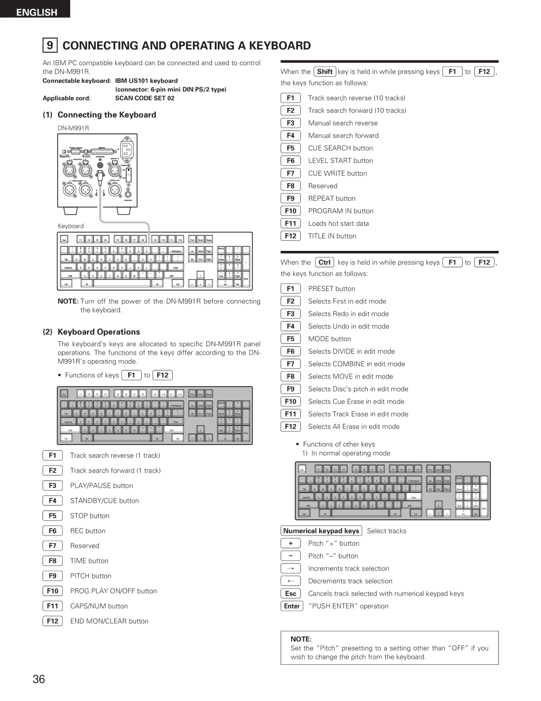 Denon DN-M991R operating instructions Connecting and Operating a Keyboard, Connecting the Keyboard, Keyboard Operations 