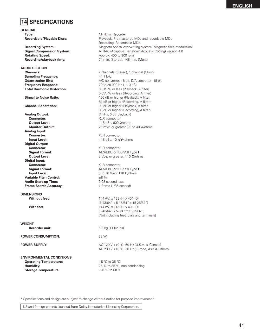 Denon DN-M991R operating instructions Specifications 