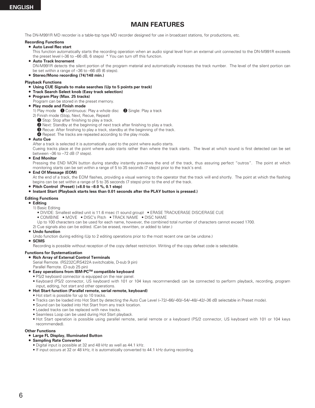 Denon DN-M991R operating instructions Main Features 