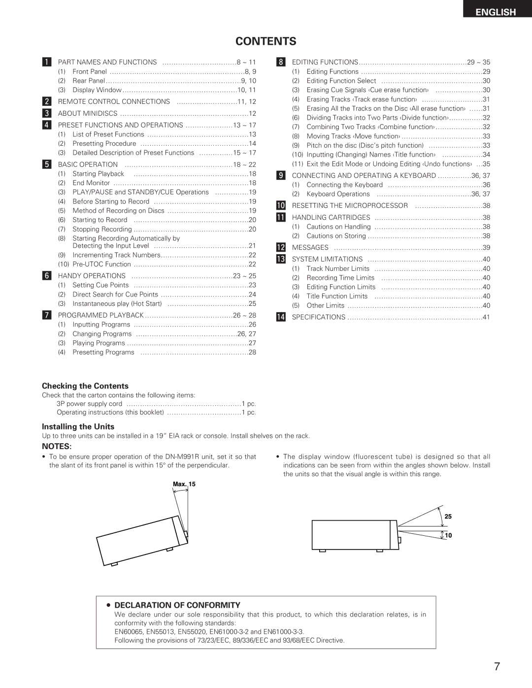 Denon DN-M991R operating instructions Contents 