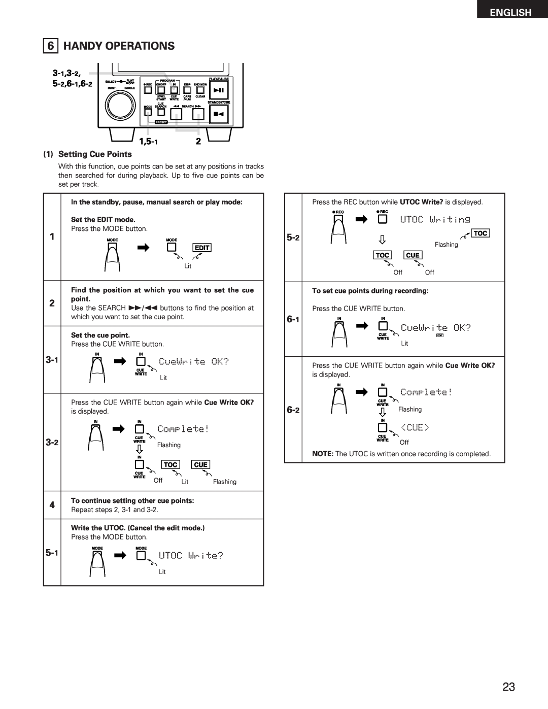Denon DN-M991R operating instructions Handy Operations, English, Setting Cue Points 