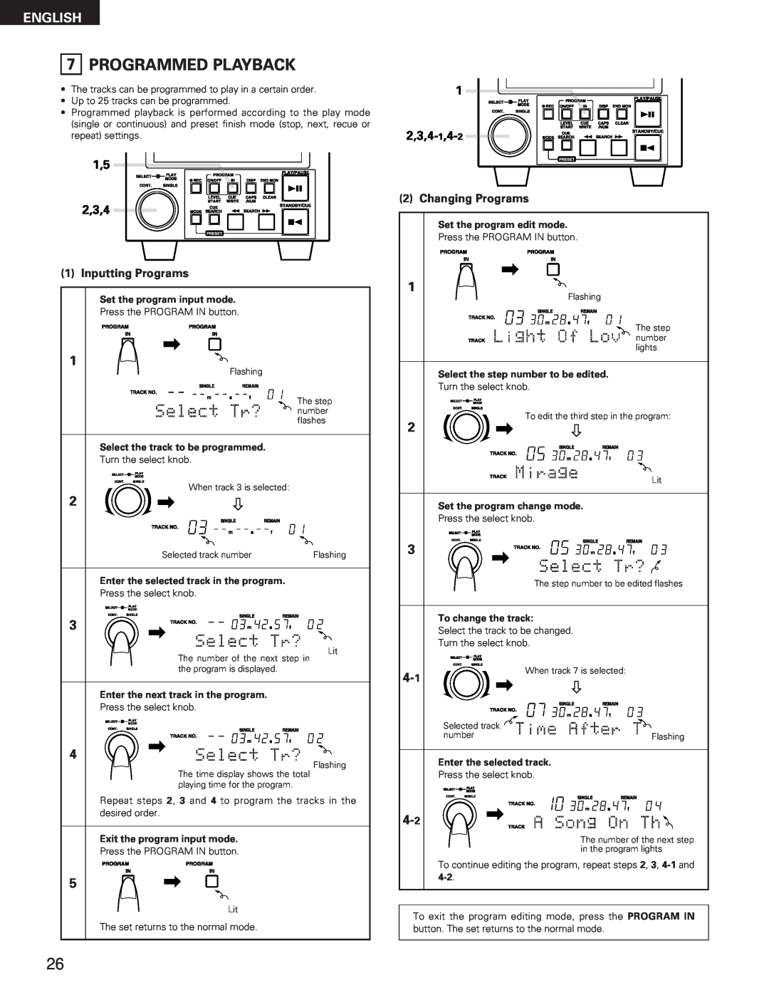 Denon DN-M991R operating instructions 7PROGRAMMED PLAYBACK, English, Inputting Programs, Changing Programs 