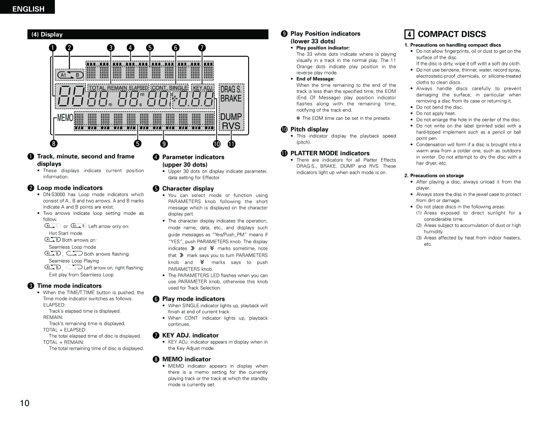 Denon DN-S3000 manual Compact Discs, Display 