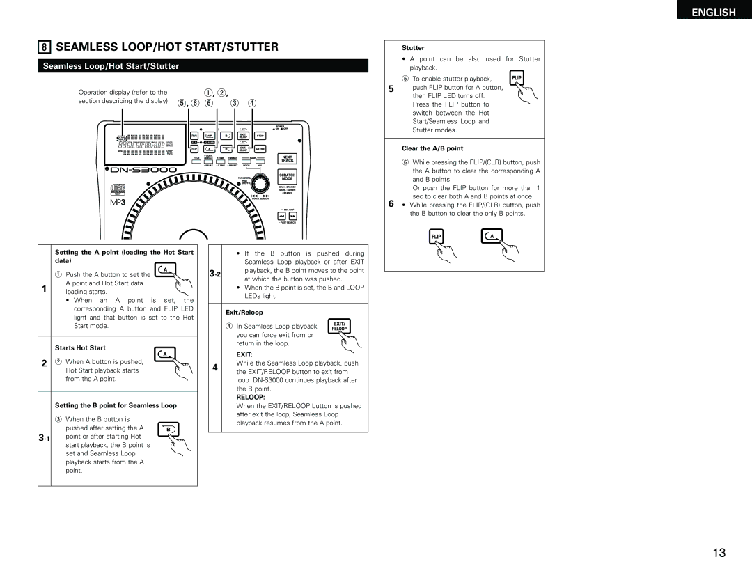 Denon DN-S3000 manual Seamless LOOP/HOT START/STUTTER, Seamless Loop/Hot Start/Stutter, Exit, Reloop 