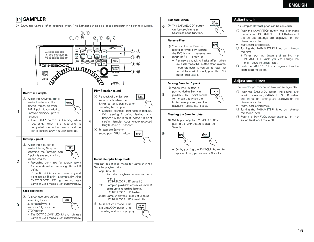 Denon DN-S3000 manual Sampler, Adjust pitch, Adjust sound level 