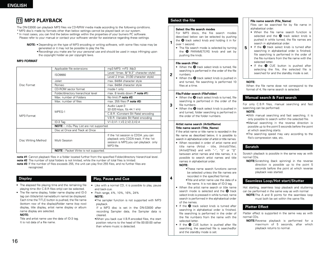 Denon DN-S3000 manual 11 MP3 Playback 